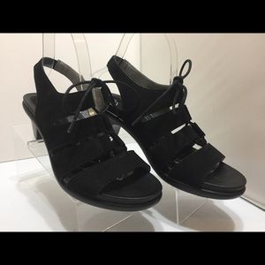 Abeo Black Nubuck Leather Lace Up Sandal Heels 7.5
